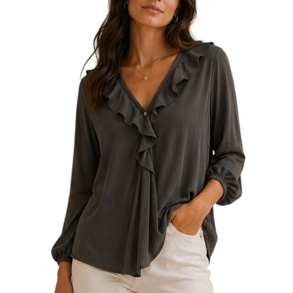 White House Black Market Black Ruffle V-Neck Long Sleeve Blouse Small